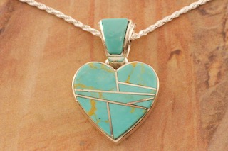 Navajo Artist Calvin Begay Genuine Kingman Turquoise Sterling Silver Heart Pendant